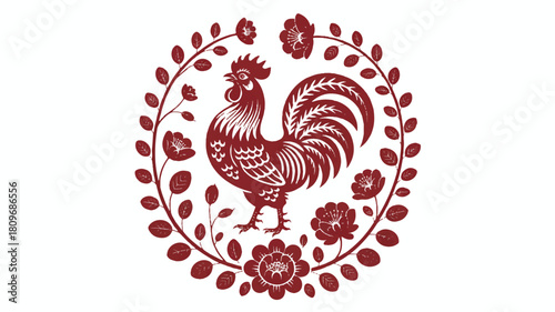Red traditional Chinese paper-cut style rooster illustration, an elegant folk art emblem symbolizing prosperity and the Lunar New Year