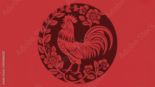 Elegant Vector Illustration of a Proud Rooster within an Ornate Floral Circle, Perfect for Traditional and Decorative Designs
