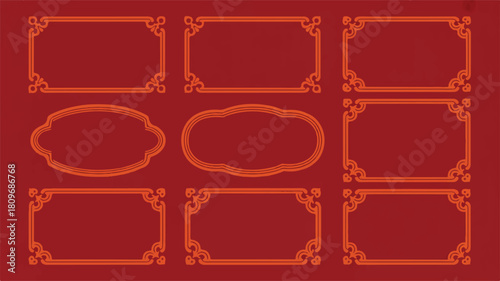 Ornate traditional Chinese frames and borders in vibrant red and gold, ideal for Lunar New Year cards, festive events, and cultural design, a digital illustration