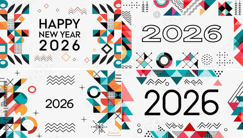 Collage of happy new year 2026 greetings with geometric patterns and shapes in colorful design elements