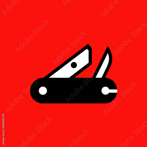 Minimalist swiss army knife icon on red background