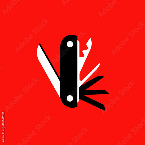 Minimalist swiss army knife illustration on red background