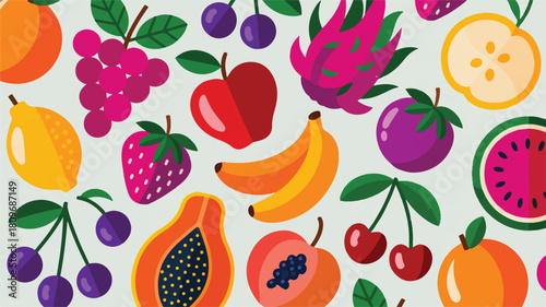 A vibrant and colorful illustration of various delicious fresh fruits arranged in a delightful and healthy food pattern, perfect for wellness and culinary themes