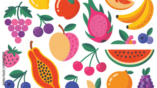 A delightful arrangement of colorful tropical fruits and berries, showcasing a vibrant and healthy assortment perfect for various design projects