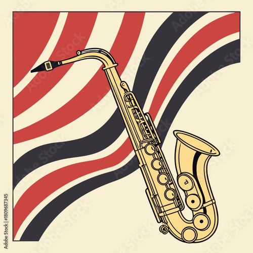 Retro saxophone with wavy stripes background