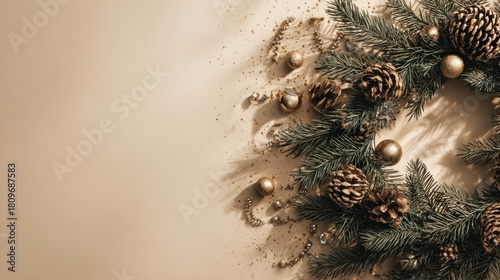 Close up of a rustic christmas wreath adorned with pine cones and golden baubles against a soft neutral background