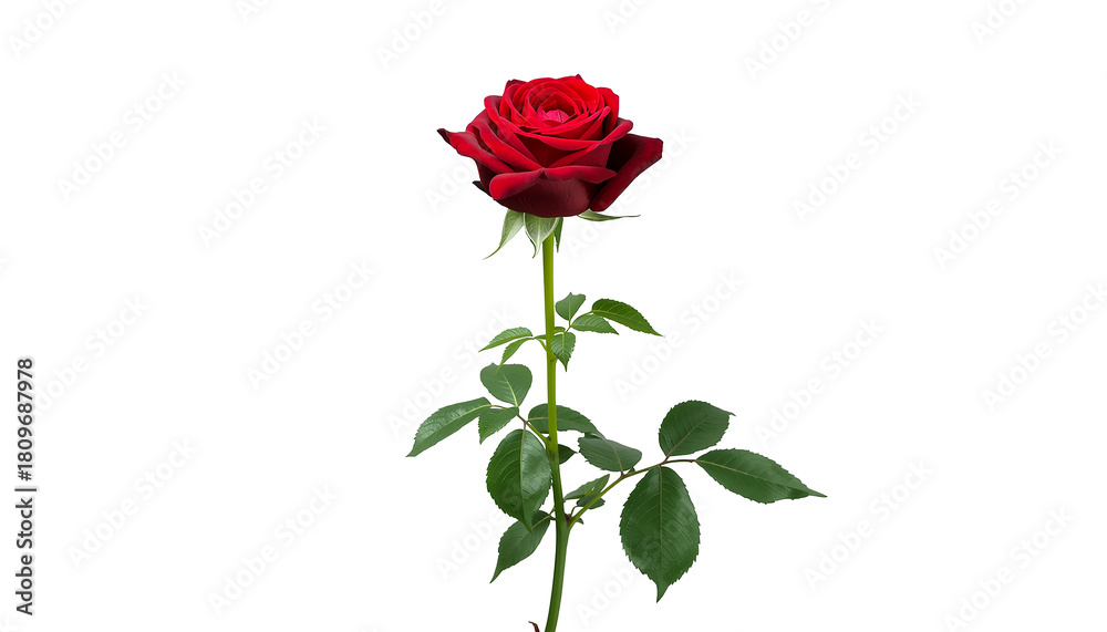 Fototapeta premium Single red rose bloom with green stem and leaves