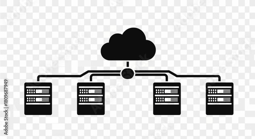 Robust cloud network illustration connecting servers, ideal for IT solutions, server management, data storage concepts, showcasing scalable cloud architecture
