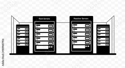 Modern server architecture showcasing root and resolver servers in a sleek, scalable vector design, perfect for technology presentations and cloud infrastructure visuals