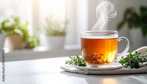 Wallpaper Mural 湯気の立つハーブティーとグリーンが映える癒しの朝構図 | Steaming Herbal Tea in Glass Cup with Fresh Green Leaves and Serene Morning Atmosphere
 Torontodigital.ca