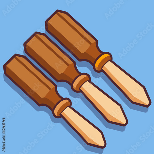 Three wooden handled chisels on a blue background