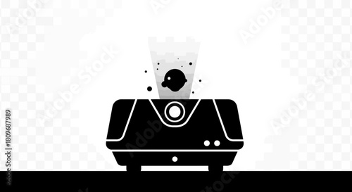 Modern holographic projector displaying 3D object, representing future technology and innovation in sleek black and white, perfect for presentations