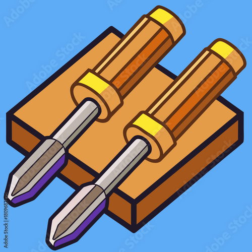 Two woodworking chisels resting on a wooden block