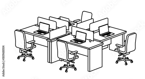 Modern office space featuring stylish workstations with laptops and ergonomic chairs, ideal for illustrating coworking or agile work environments in vector style