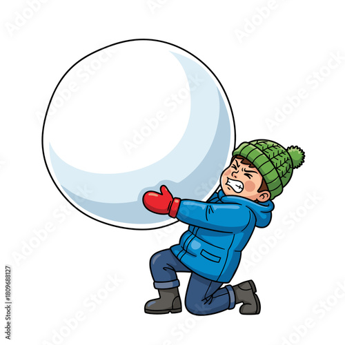 Child struggling to lift a large snowball while wearing a blue jacket  