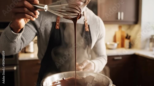 Professional Chocolatier Whisking Steaming Dark Chocolate to Silky Perfection in a Modern Kitchen.