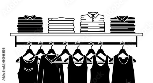 Organized wardrobe featuring stacked shirts and hanging clothes, a minimalist design, perfect for lifestyle blogs, fashion layouts, and closet organization guides