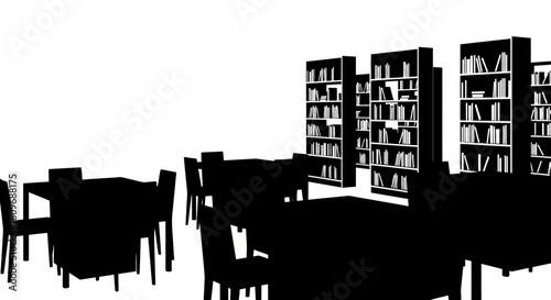 Serene library interior with reading tables and bookshelves, perfect for illustrating educational resources or creating a quiet study atmosphere, originally from vectors