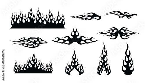Collection of black and white flame designs for vehicle decoration