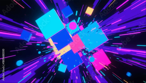 Abstract bright neon illustration of lines and flat geometric shapes directing the viewer's gaze to the center of the composition. Vector graphics. EPS.