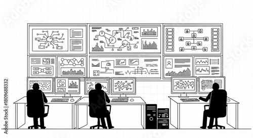 Cybersecurity team monitoring network traffic in a modern control room, data analysis, threat detection, business intelligence, originally a scalable vector graphic