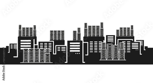 Modern data center architecture showcasing digital infrastructure and server farms, ideal for cloud computing and technology solutions, scalable vector graphic origin
