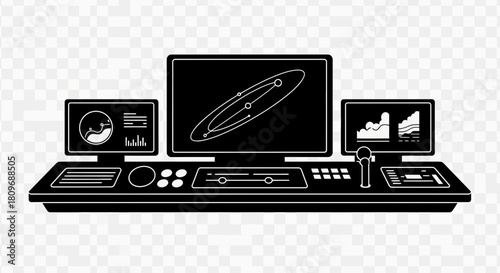 Futuristic control panel interface showing data insights and space exploration, ideal for sci-fi projects or technology concepts, originally a vector graphic