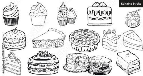 Set of 14  hand-drawn cake and dessert icons. Doodle cupcake, pie, and sweet food vector illustration.