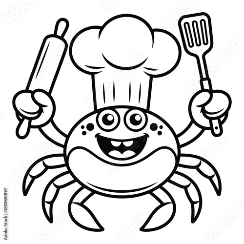 Cartoon crab chef holding rolling pin and spatula kitchen tools vector