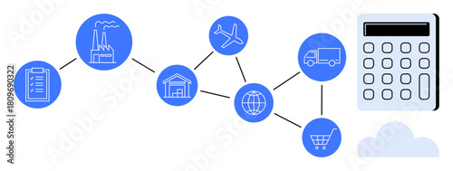 Flowchart linking factory, airplane, warehouse, freight truck, shopping cart, and calculator. Ideal for logistics, manufacturing, commerce supply chain analytics global trade digital solutions