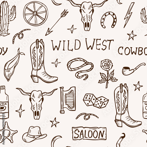 Hand drawn cowboy seamless pattern