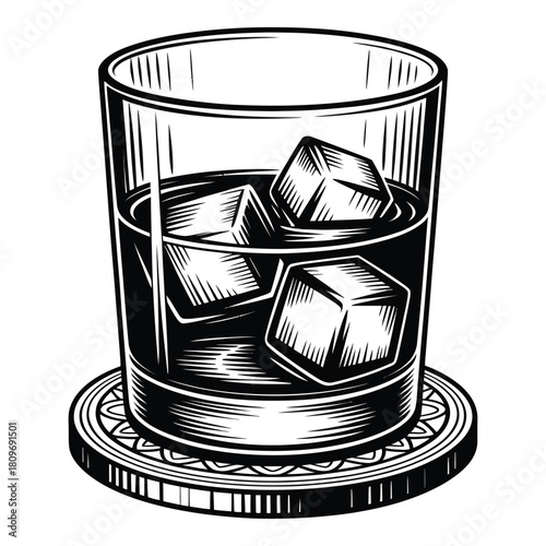 Classic glass of spirits with ice cubes and decorative coaster artwork