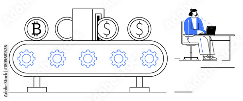 Cryptocurrency production. Cryptocurrency with symbolic coins on a conveyor belt, overseen by an analyst at a workstation. Cryptocurrency innovation, fintech, blockchain, digital economy