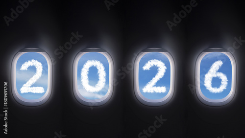 cloud 2026 outside the plane window, four airplane windows open white window shutter wide with blue sky view and white cloud in 2026 shape