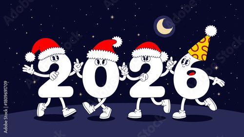 Whimsical 2026 new year illustration featuring cartoon numbers in santa hats dancing under a crescent moon on a starry night background