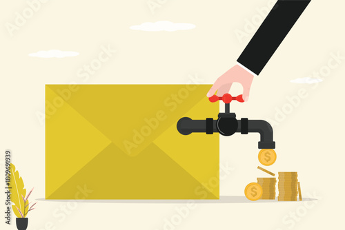 Businessman opens tap to let dollar coins flow from big envelope. Financial investment. Email marketing help business increase profit. Bribe, salary. Signing Bonus Policy