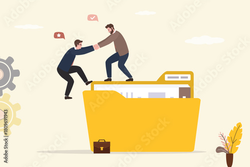 Business concept, success corporate, career path. Mentor help colleague climb on giant folder. Support with organizing data, management skills