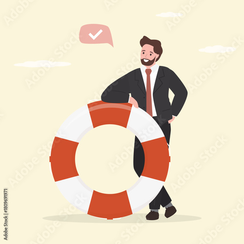 Confident businessman standing and holding lifebuoy. Assistant helping clients solve problems. Lifeguard, rescuer. Business people find solution.