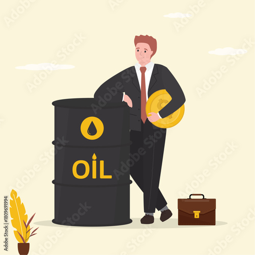 Confident trader or investor with a profit from oil. Businessman standing with oil barrel and money. Rising oil prices. Economic development leads to rising oil prices.