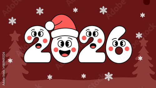 Joyful 2026 new year illustration with cartoon numbers, christmas tree and snowflakes on a red background for holiday time