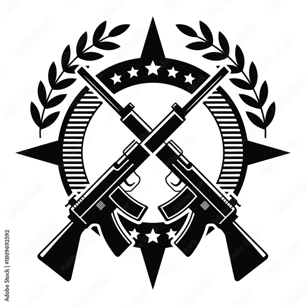 Naklejka premium Crossed assault rifles with starburst and olive branches illustration art