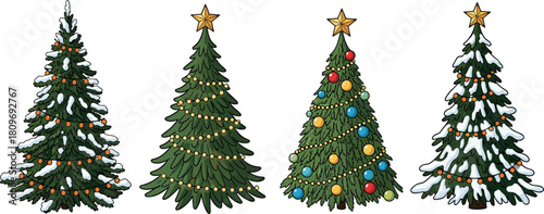 Set of decorated Christmas trees with snow, lights and ornaments, festive winter holiday illustration, colorful evergreen artwork for seasonal celebration design