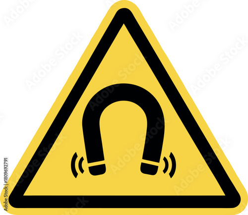 Magnetic field sign. Black danger icon on yellow triangle symbol. Vector illustration of magnet. Hazard symbol.