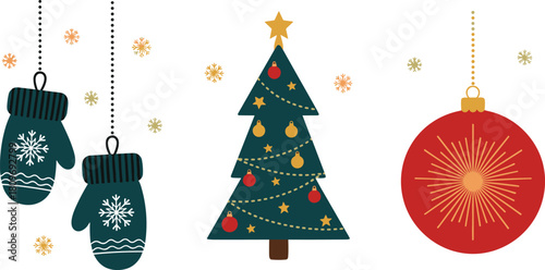 Christmas tree with mittens and ornament, festive winter holiday illustration, colorful seasonal decoration artwork for greeting cards and celebration design