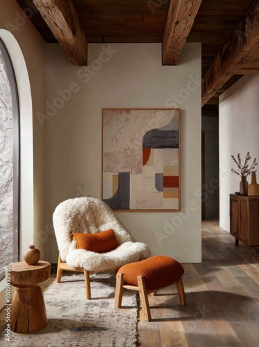 Modern interior design in wabi-sabi style, with an accent chair with a sheepskin rug in front of wall art, an orange ottoman bench, natural light, warm wood tones, and a cream color palette.
