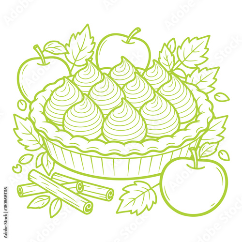 Delicious Apple Pie with Cream Topping and Cinnamon Sticks Outline Style
