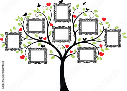 Decorative family tree with empty photo frames, birds and hearts, elegant heritage illustration, sentimental memory display artwork for home design