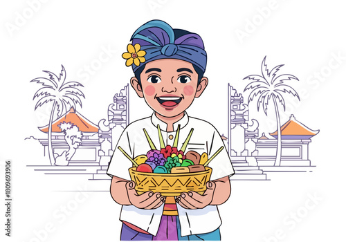 A smiling Balinese boy carries a basket of tropical fruits before a traditional temple. Vibrant colors and a welcoming scene. ?Carry the Child? text overlay.