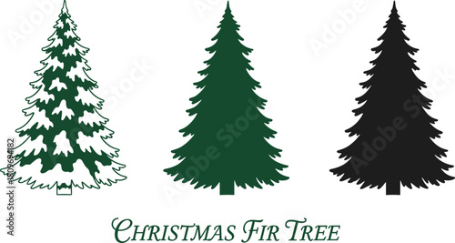 Set of Christmas fir tree illustrations, snowy, solid and silhouette styles, evergreen winter holiday design elements for festive seasonal artwork