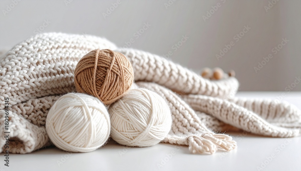 Fototapeta premium 毛糸と編み物の静物｜秋冬のクラフトとインテリア｜Minimalist yarn still life with cozy knitting – seasonal home decor 